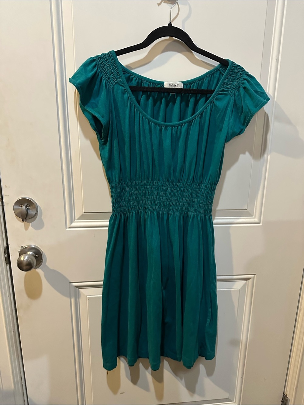 Hurley Teal Short Sleeve Smocked Waist Mini Dress